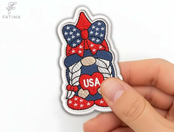 Gnome Girl Patch Embroidery Design: Whimsical Patriotic Charm
